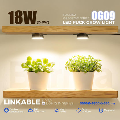 Barrina Orbgrow OG09 Puck LED Grow Light with 660nm Red LEDs, 18W(2 x 9W, 270 Watt Equiv), Plant