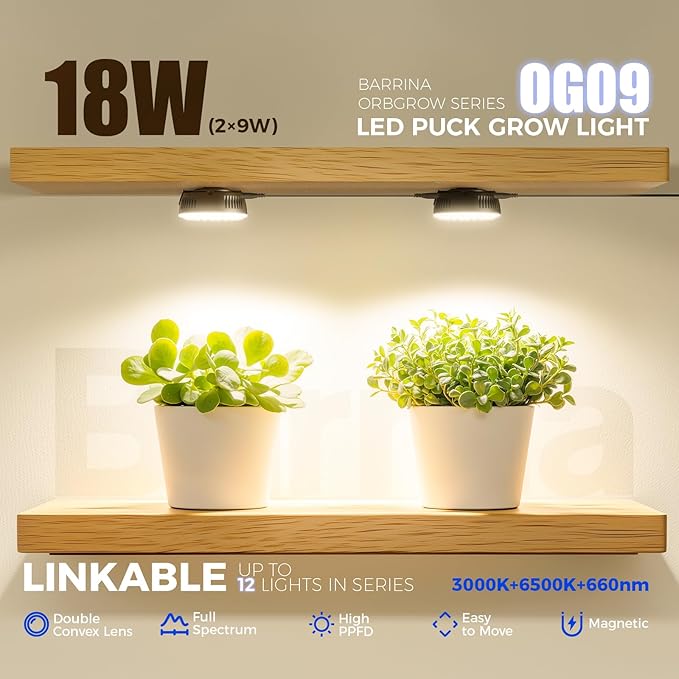 Barrina Orbgrow OG09 Puck Grow Light with Timer, 660nm Red LEDs, 18W(2 x 9W, 270 Watt Equiv), Full