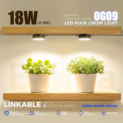 Barrina Orbgrow OG09 Puck Grow Light with Timer, 660nm Red LEDs, 18W(2 x 9W, 270 Watt Equiv), Full