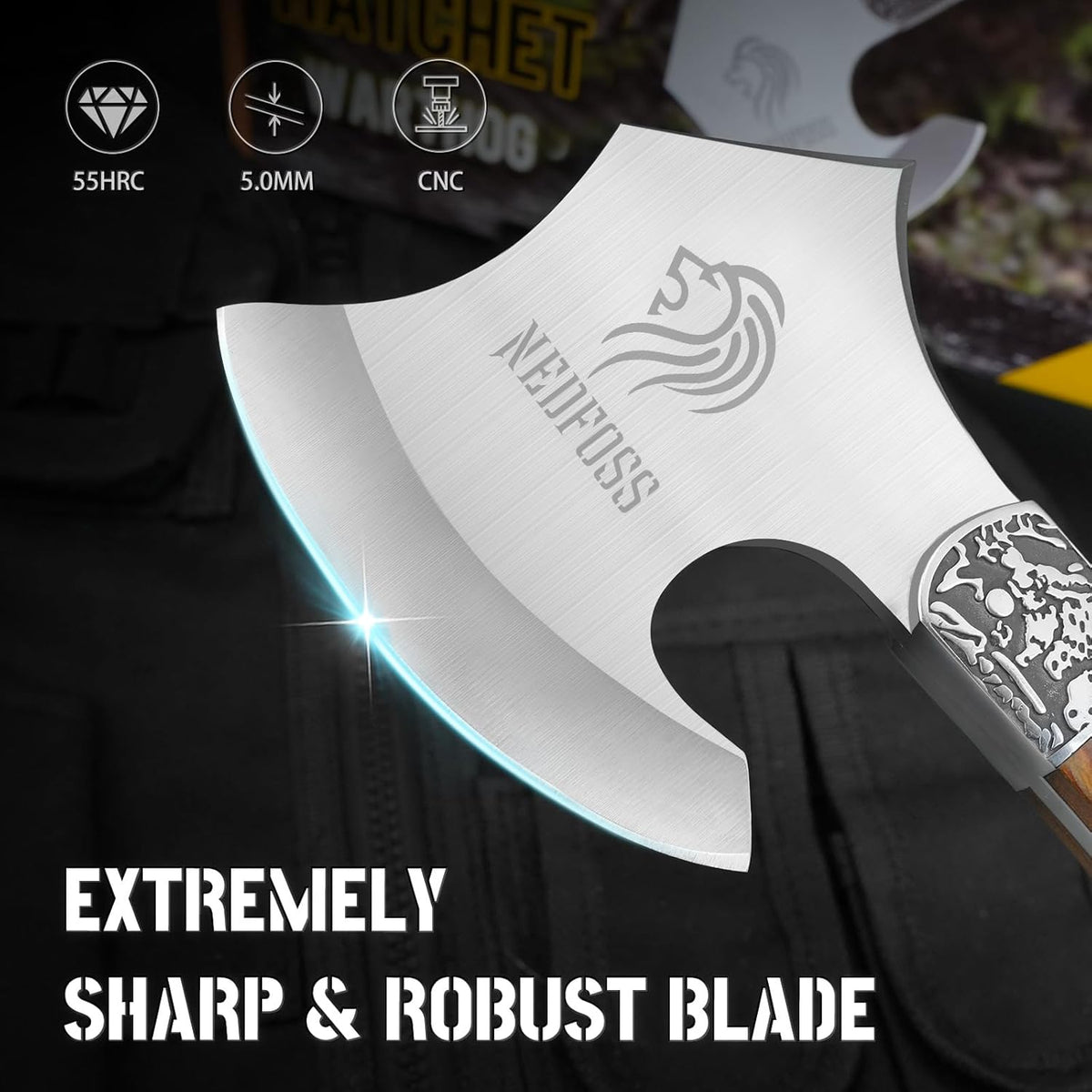 NedFoss Warthog Camping Axe, 9" Full Tang Small Axe with Leather Sheath, Survival Hatchet with Wood