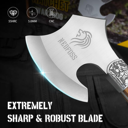 NedFoss Warthog Camping Axe, 9" Full Tang Small Axe with Leather Sheath, Survival Hatchet with Wood