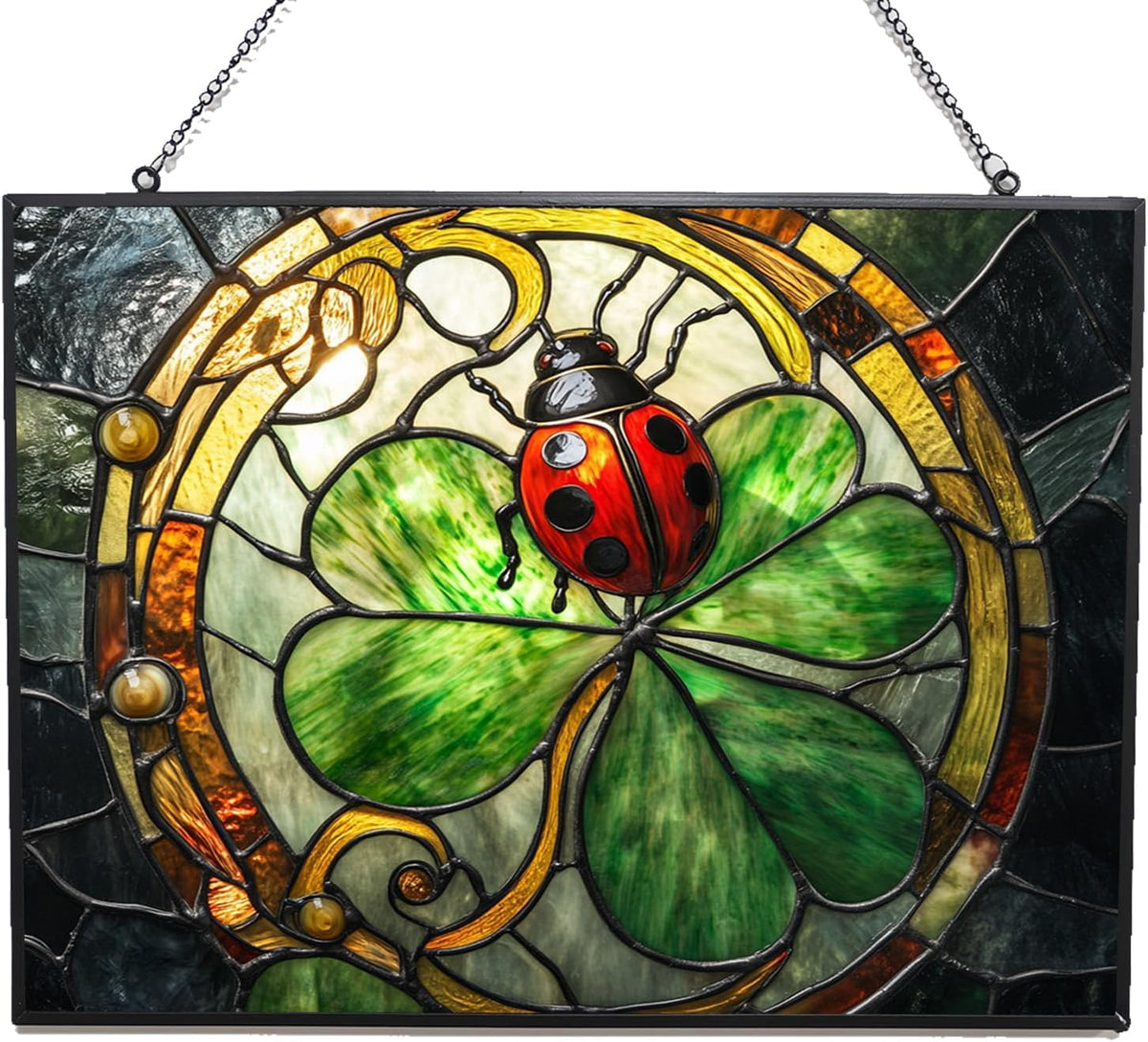 Personalized Rectangle Art Nouveau Ladybug On Clover Suncatcher Stained Glass Window Hangings Sun