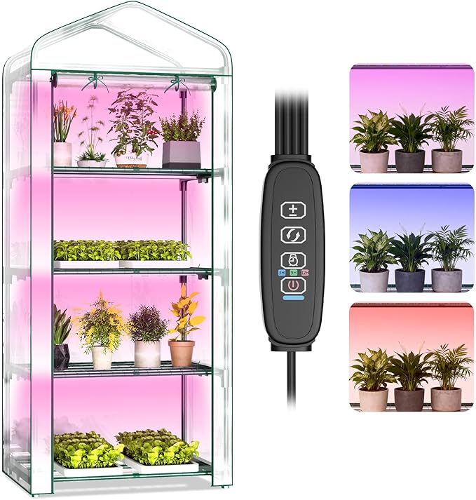 Indoor Greenhouse with Grow Light, 4-Tier 27.6"x19"x63" Mini Greenhouse with Roll-Up Zippered PVC