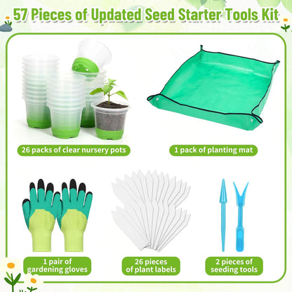 Caffox 57PCS Reusable Seed Starter Kit Includes 26 Packs 4" Clear Nursery Pots with Silicone Base