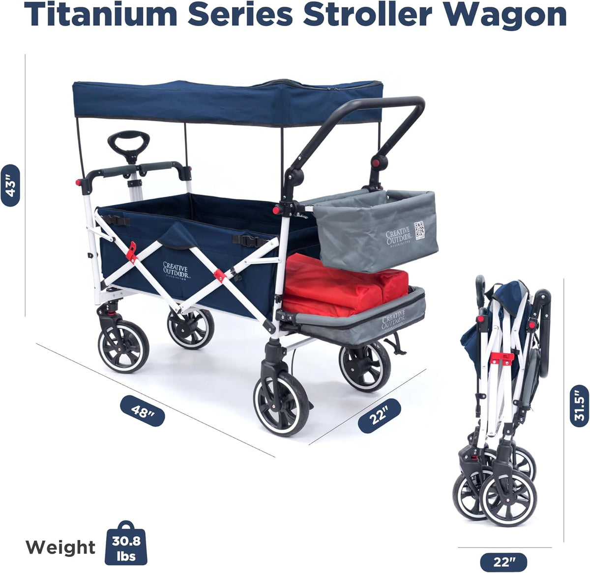 Creative Outdoor Wagon for Kids Push Pull Collapsible Stroller with Canopy Folding Cart | Titanium