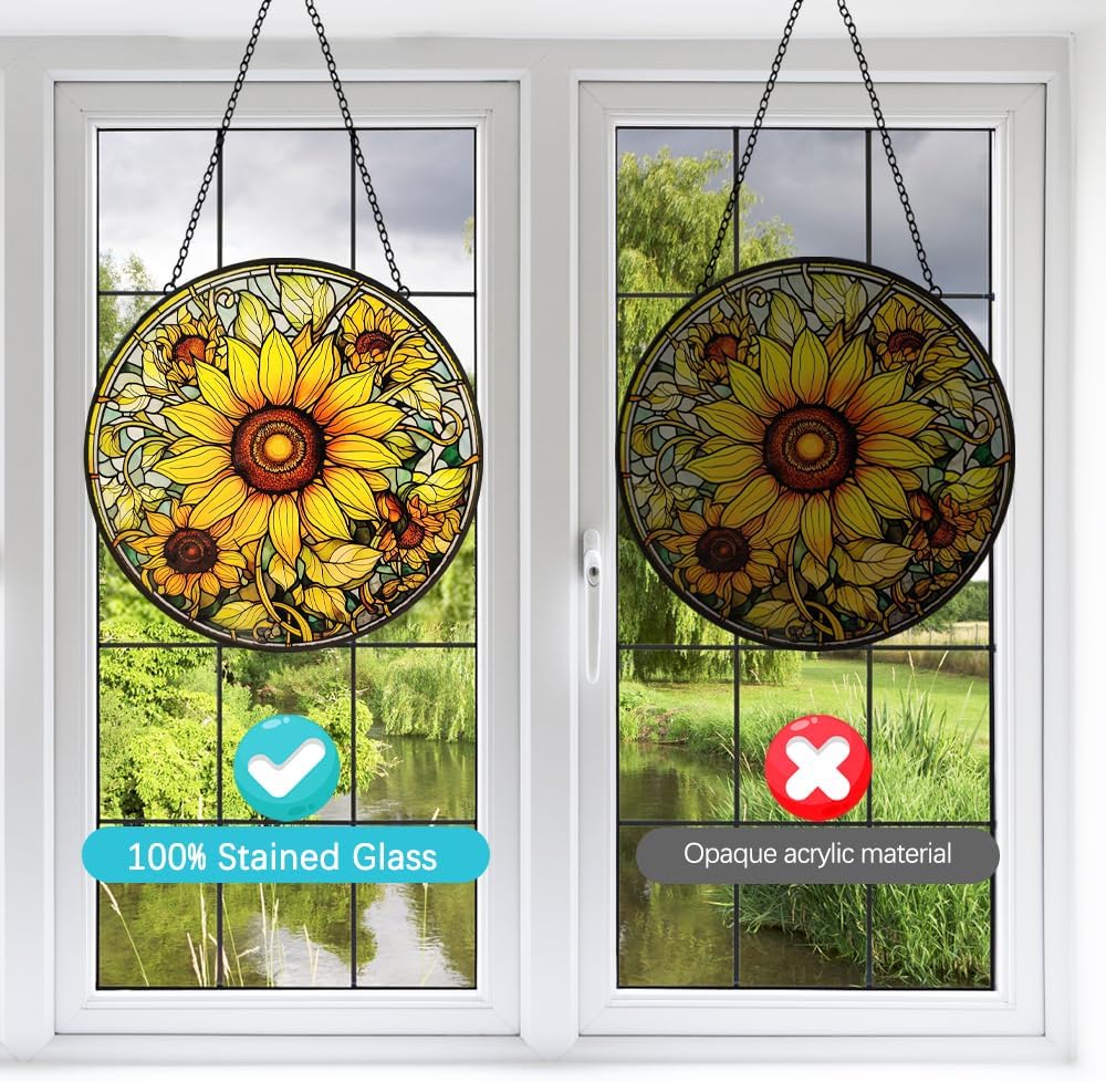 Sunflower Suncatcher Stained Glass Window Hanging Ornaments - 8” Handmade Sun Catchers Indoor