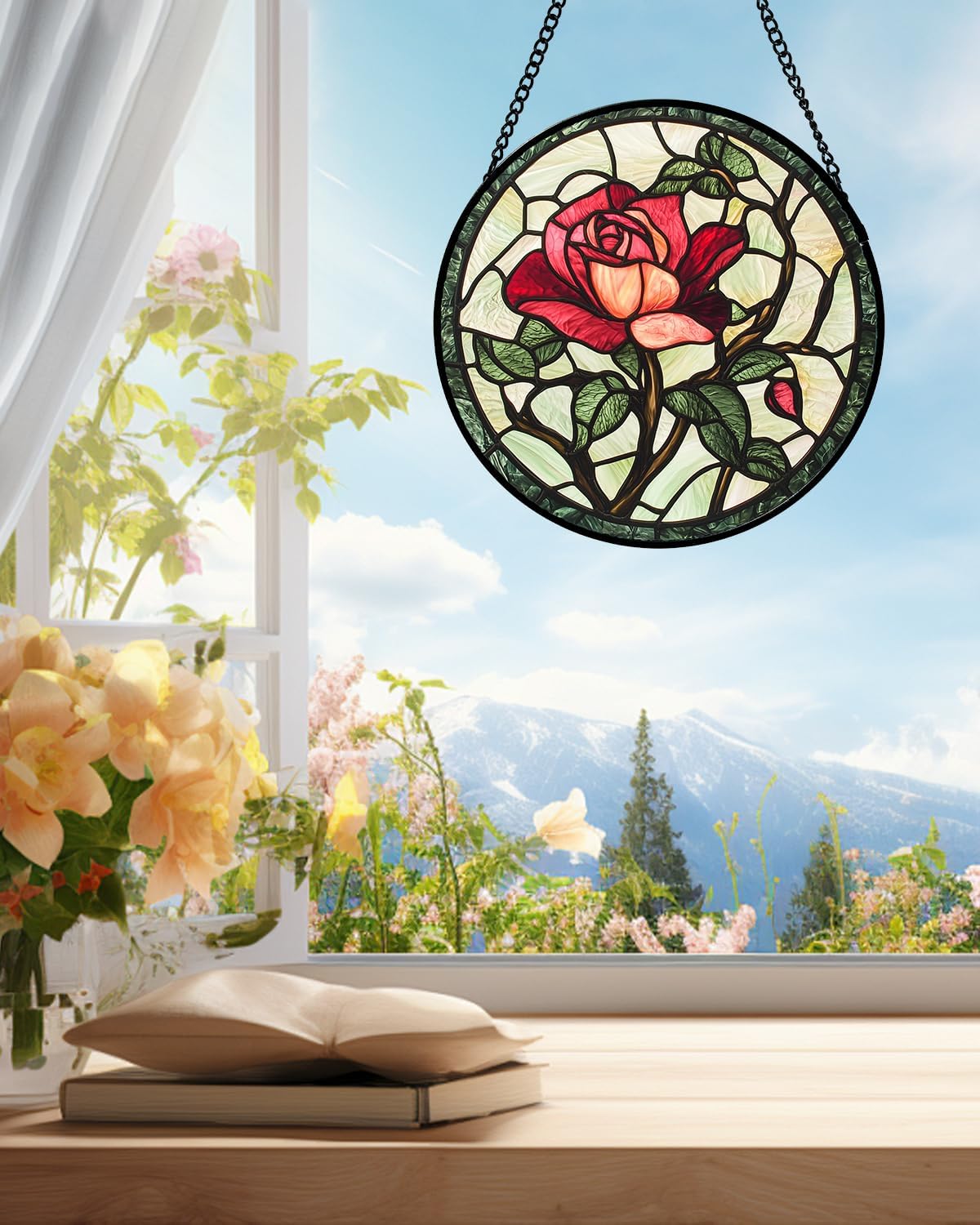 Stained Glass Window Hanging, Red Rose Flowers Sun Catcher for Door Garden Home Decor Suncatcher