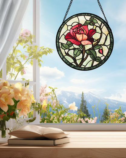 Stained Glass Window Hanging, Red Rose Flowers Sun Catcher for Door Garden Home Decor Suncatcher