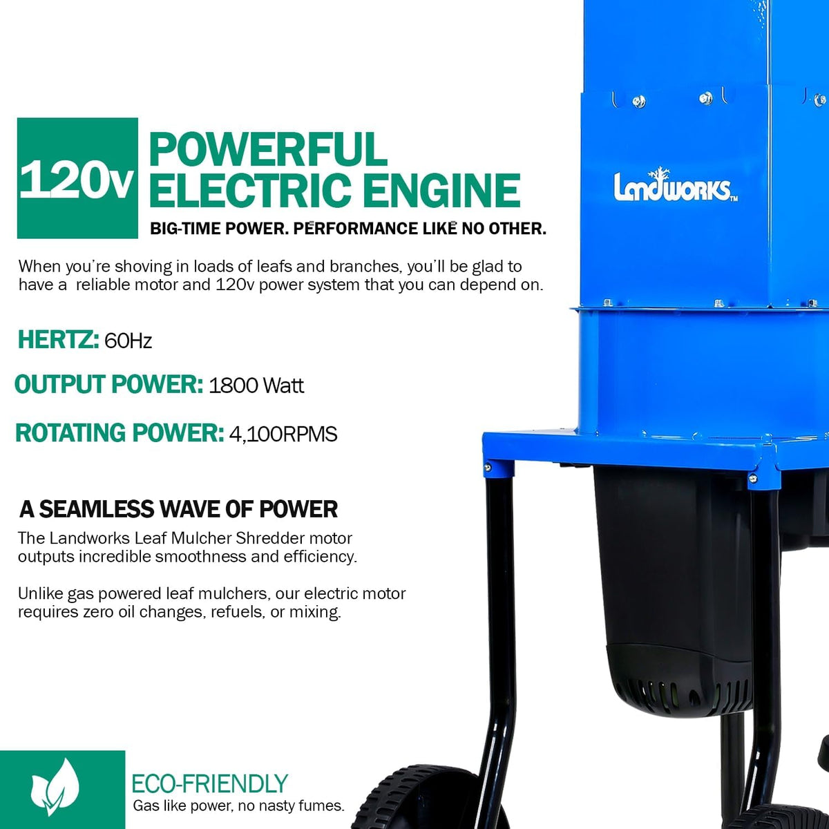Landworks Electric Leaf Mulcher & Shredder - 15-AMP, 1800W, Steel Construction, 11" Blades, 0.5"