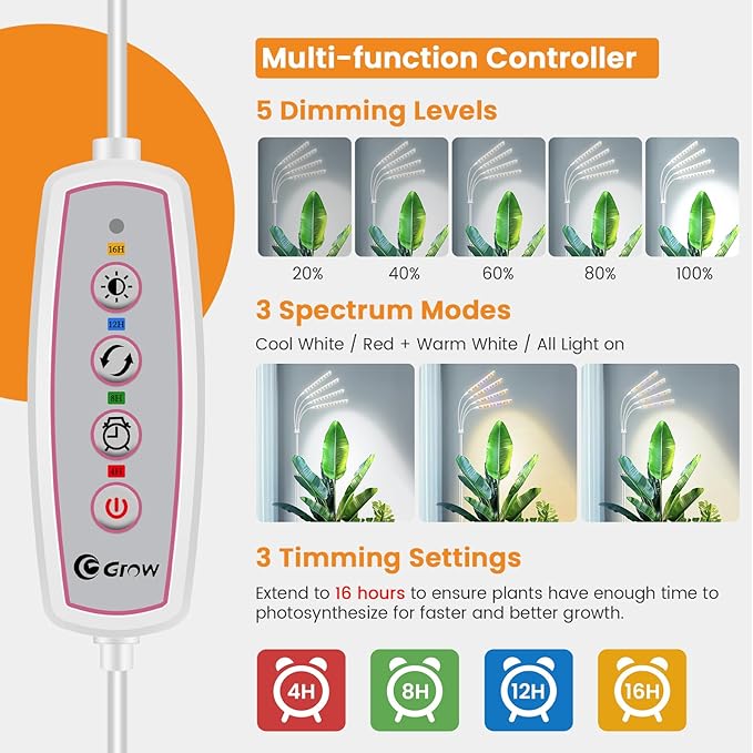 Grow Lights for Indoor Plants, 4-Head Full Specturm Plant Grow Light with 4/8/12/16H Timer, 3 Color