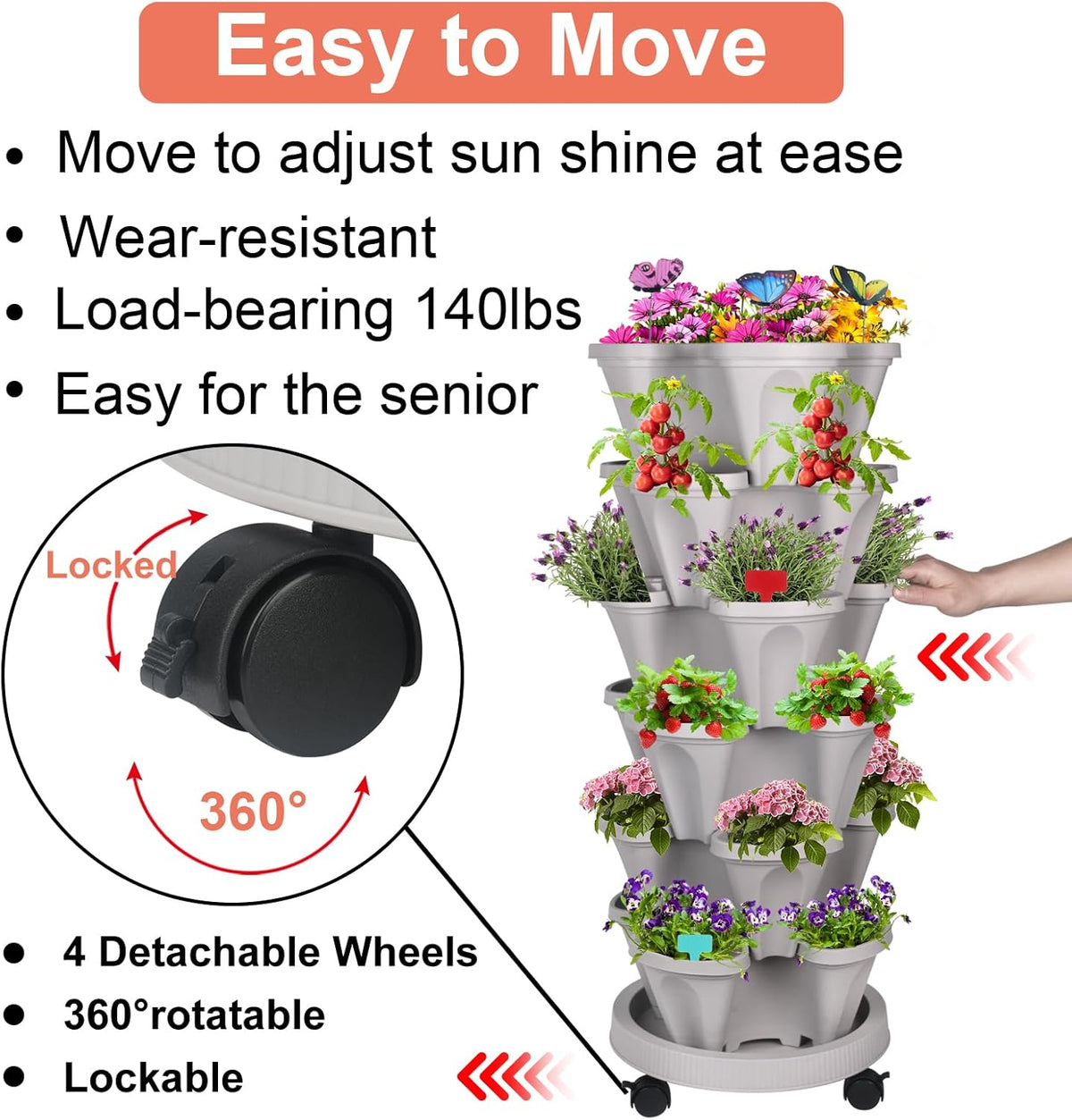Vertical Planter, 6 Tier Stackable Strawberry Planter with Garden Tool Set, Movable Indoor/Outdoor