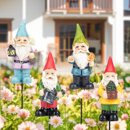 Gnomes Garden Stakes 1.4 Inch Plant Decorations for Pots Indoor Outdoor 4 Pack Miniature Gnomes