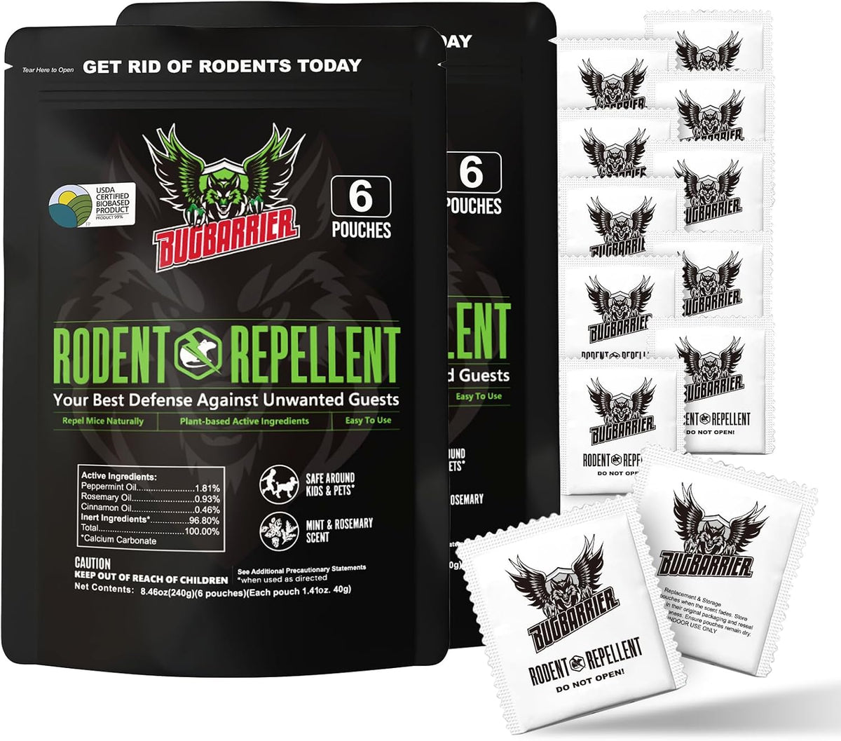 BugBarrier's Extra-Strength Mouse Repellent Deterrent Pouches, USDA 99% Biobased, Peppermint &