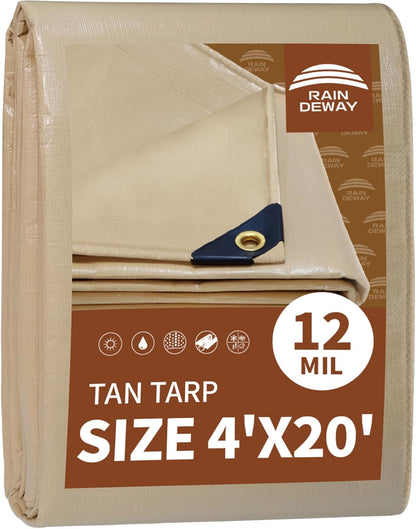 RAINDEWAY 4x20 Feet Heavy Duty Tarp,12 Mil Tan Waterproof Poly Tarp Cover,UV
