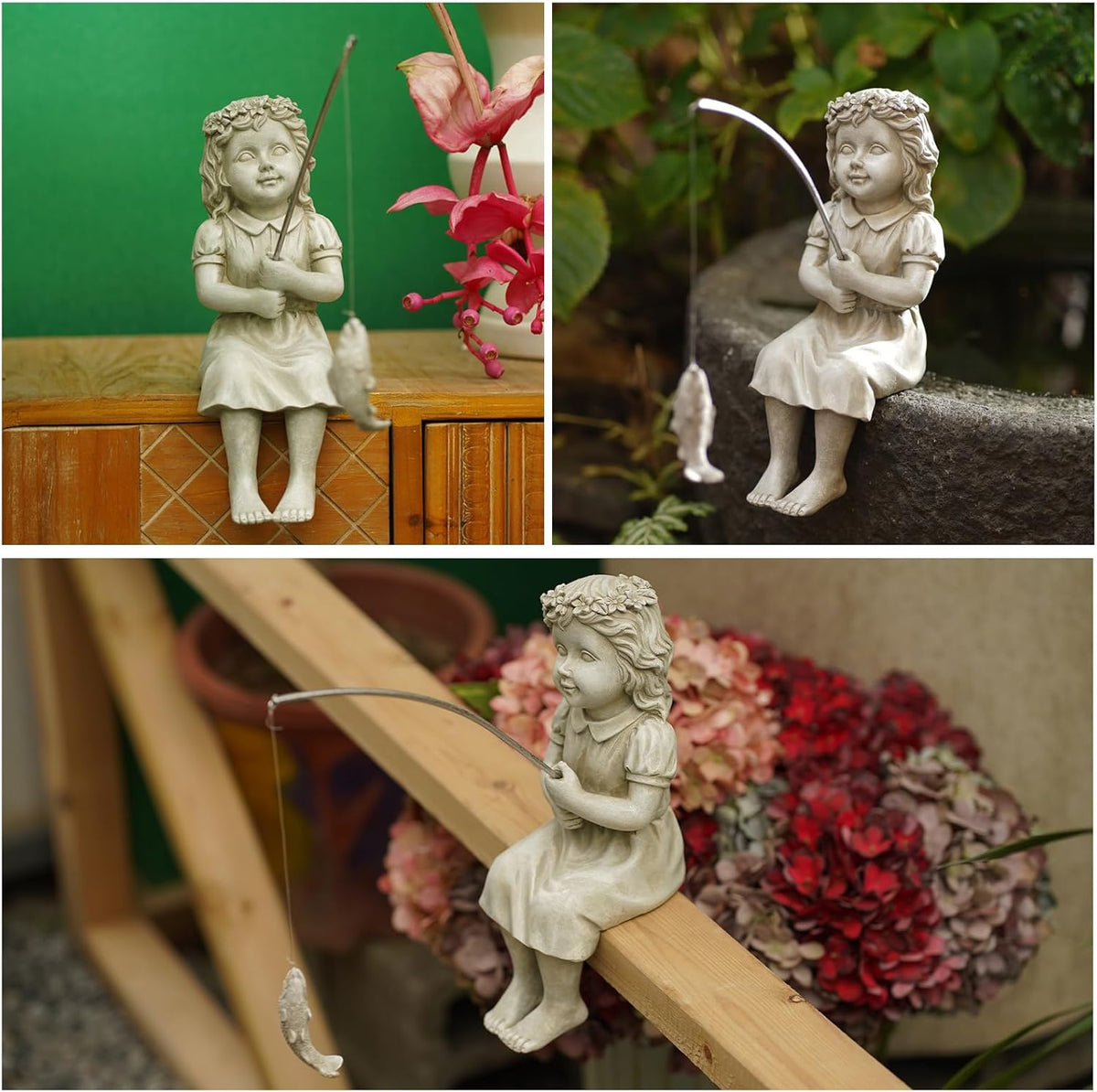 Goodeco Fishergirl Statue Garden Decor - 11" Little Fishing Guy for Koi Pond or Waterfalls