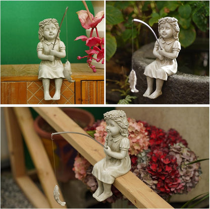Goodeco Fishergirl Statue Garden Decor - 11" Little Fishing Guy for Koi Pond or Waterfalls
