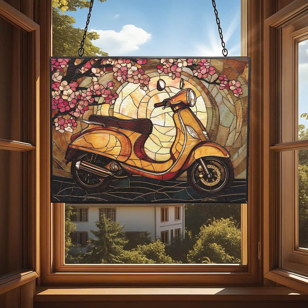 Customized Rectangle Art Nouveau Cherry Scooter Suncatcher Stained Glass Window Hangings Sun