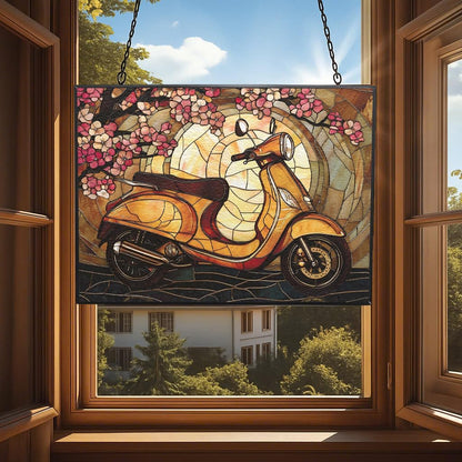 Customized Rectangle Art Nouveau Cherry Scooter Suncatcher Stained Glass Window Hangings Sun