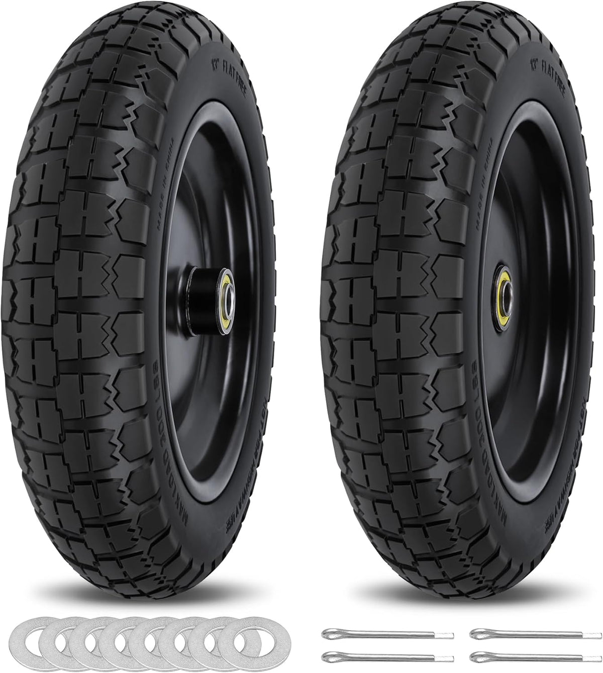 13 Inch Flat Free Wheels Tires 4.00-6 Solid Replacement with Universal 5/8" Axle Bore Hole, 8