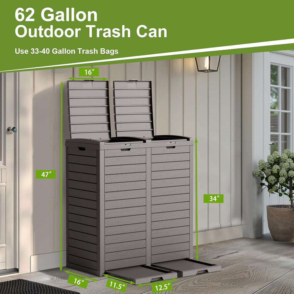 62 Gallon Outdoor Trash Can with Tiered Lid and Drip Tray,Waterproof Resin Waste Bin