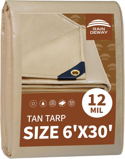 RAINDEWAY 6x30 Feet Heavy Duty Tarp,12 Mil Tan Waterproof Poly Tarp Cover,UV