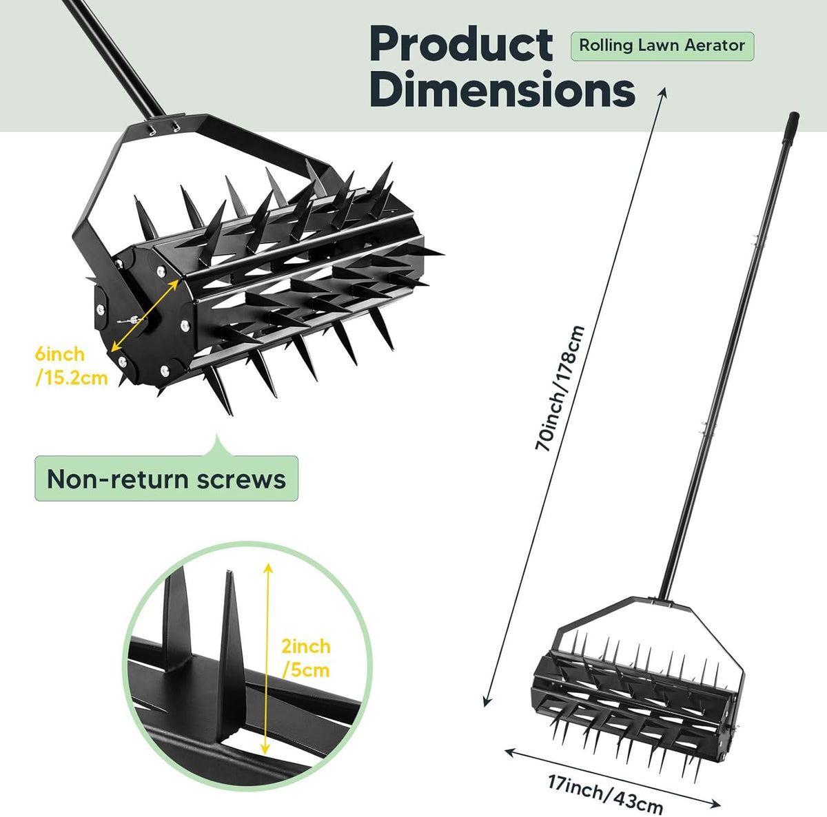Rolling Lawn Aerator, Rotary Spike Lawn Aerator, Heavy Duty Manual Aerator Lawn Tool, 17-Inch Push
