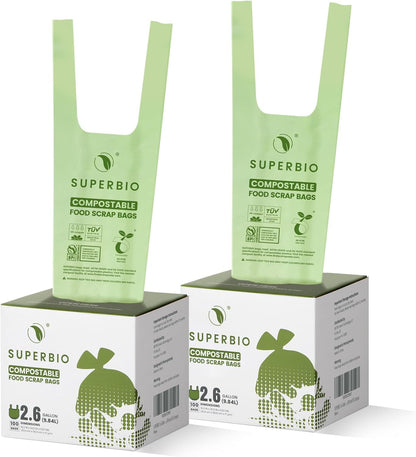 SUPERBIO 2.6 Gallon Compostable Bags, 100 Count, 2 Pack, 9.84L, Handle Tie Food Waste Bags, BPI and