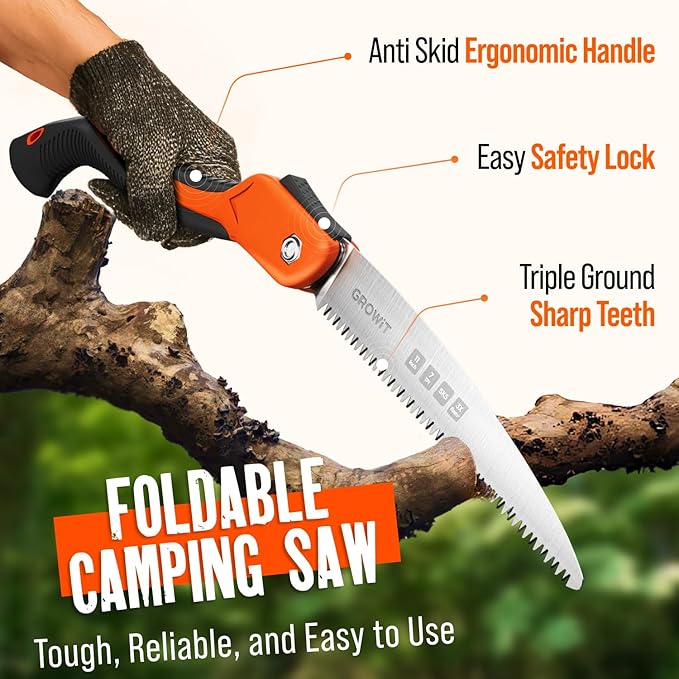 GROWIT Folding Camping saw 11 Inch - Heavy Duty Pruning Saw with Triple-Cut SK5 Blade, 7 TPI Razor