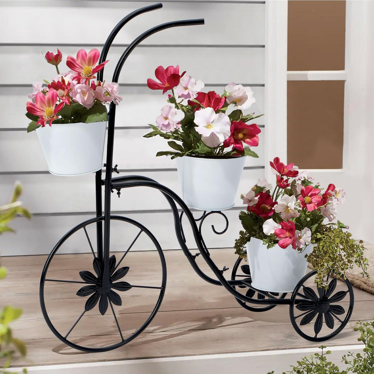 BAYN Bicycle Planter Stand, Metal Flower Pot Cart Holder Tricycle Planter with 3 Plant Bucket