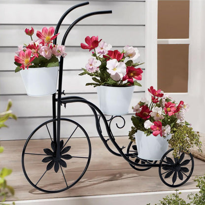 BAYN Bicycle Planter Stand, Metal Flower Pot Cart Holder Tricycle Planter with 3 Plant Bucket