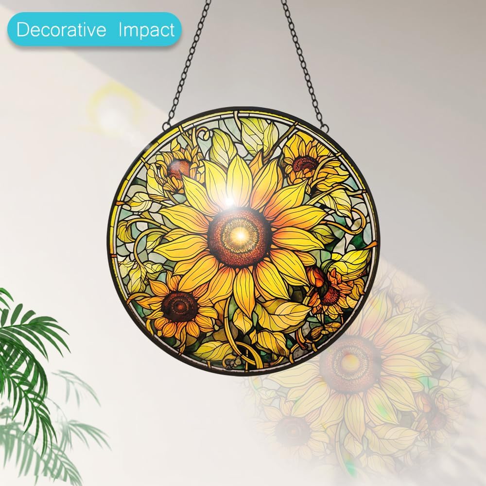 Sunflower Suncatcher Stained Glass Window Hanging Ornaments - 8” Handmade Sun Catchers Indoor