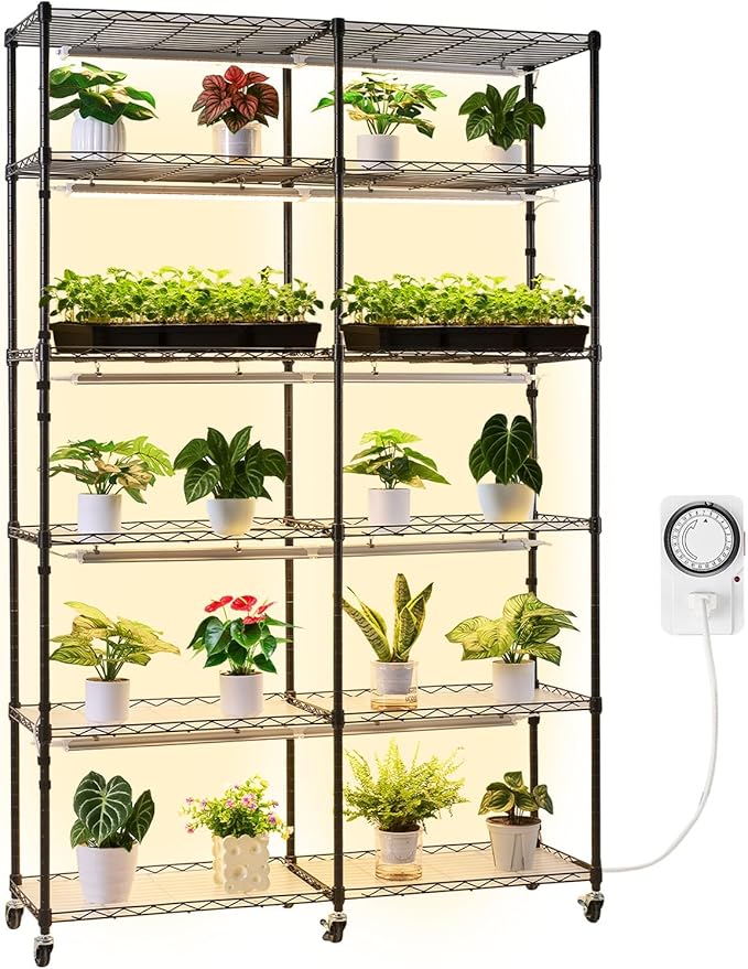 VEVOR Plant Shelf with Grow Light, 6-Tier Double-Row Plant Stand, 71in Tall Indoor Plants Display