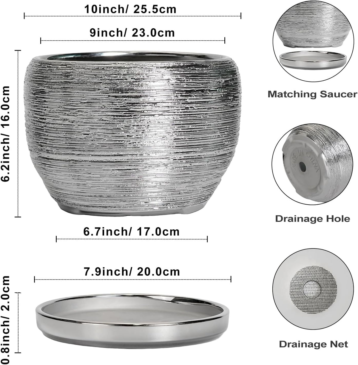 SQOWL Ceramic Pot for Plants - 10 Inch Planter Indoor, Round Large Planter Outdoor with Drainage