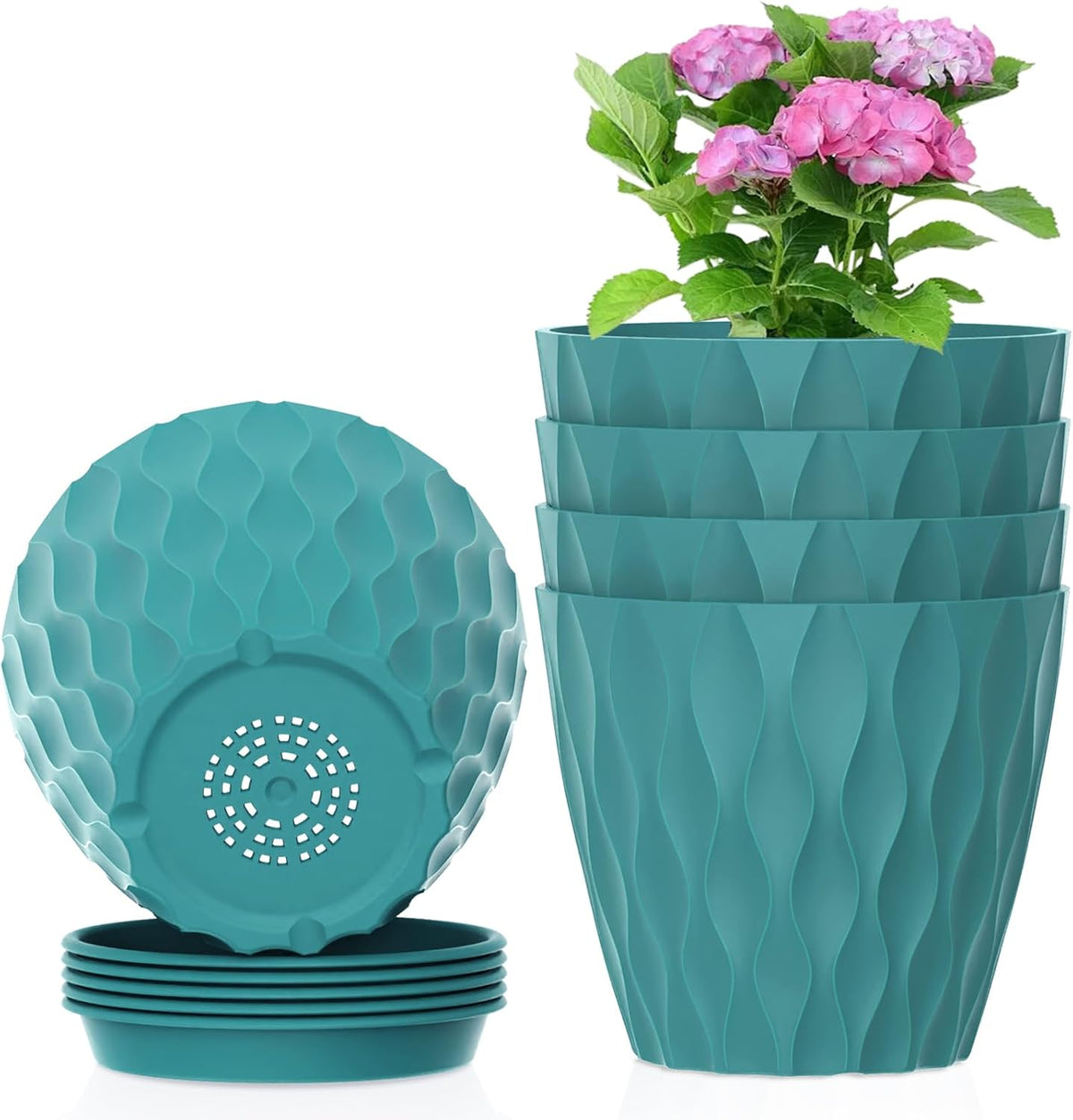 4 inch Small Plastic Nursery Pots, 5 Pack Water Ripples Flower Pots for Indoor Plants, Plant Pots