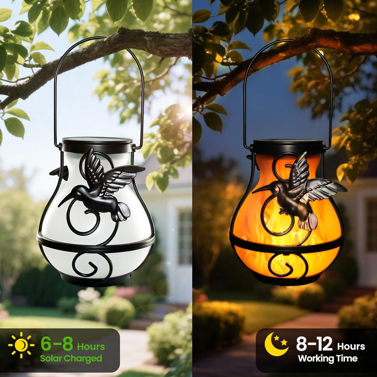 X-PREK 2 Pack Solar Lanterns Outdoor Waterproof Hummingbird Hanging Solar Lantern Flickering Flame