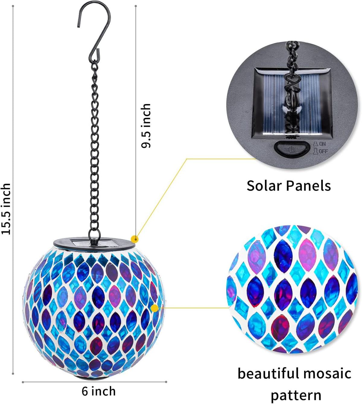 VCUTEKA Hanging Solar Lanterns Mosaic Solar Lights with Hook Up, Outdoor Garden Lights Decor for