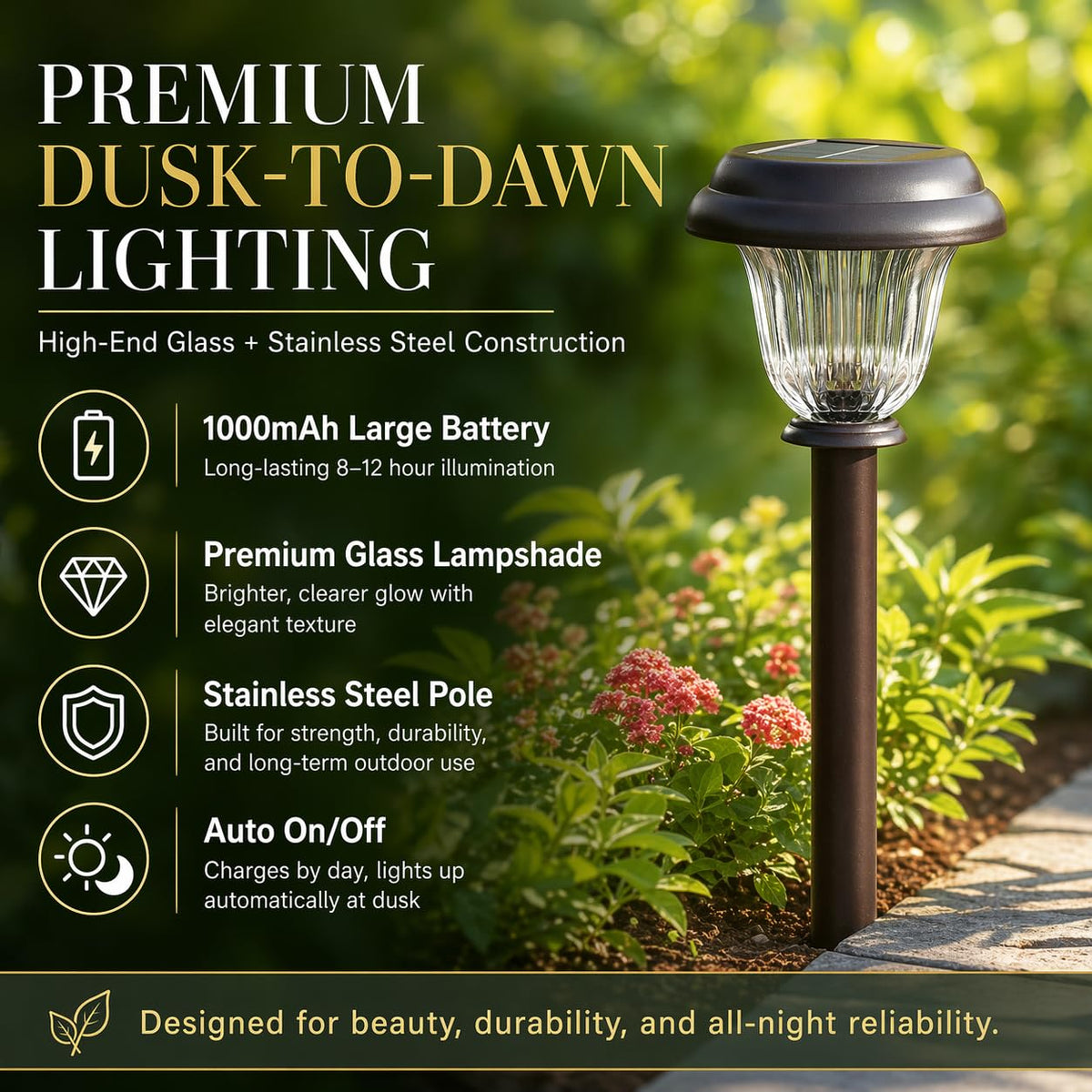 DERAYSION 8 Pack Solar Lights Outdoor, Stainless Steel Glass Solar Pathway Lights, Auto On/Off