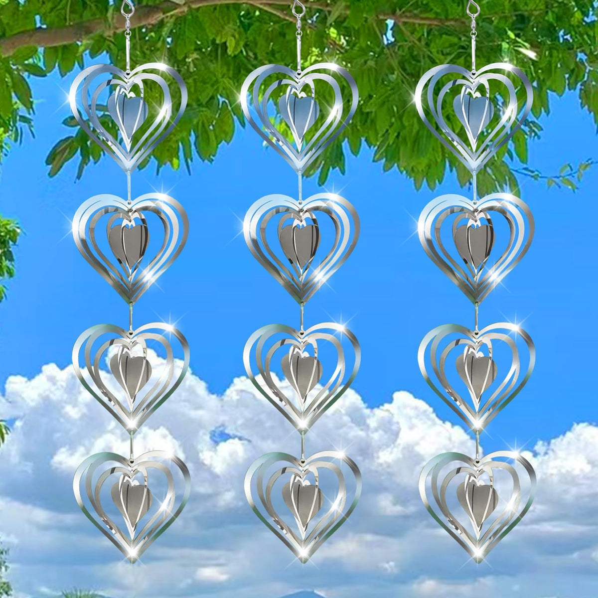 12 Metal Heart Bird Scarer Discs Set, Wind Spinners 3D Helix Reflector Stainless Steel Sparkly