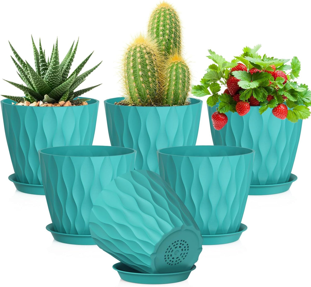 5 inch Plant Pots for Indoor Outdoor Plants, 6 Pack Flower Pots with Drainage Holes and Saucers, 3D