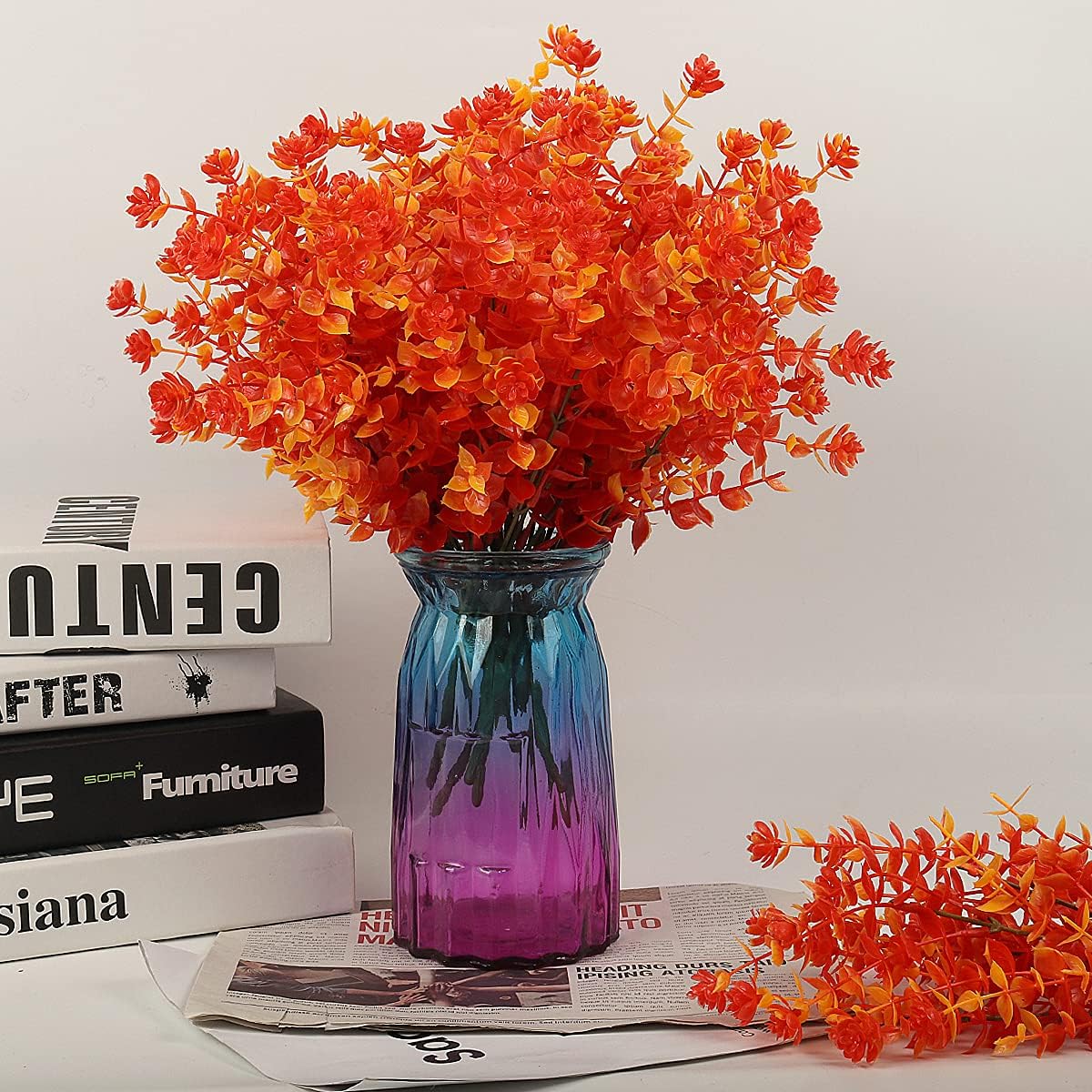 RECUTMS 8 Bundles Artificial Fall Flowers No Fade Faux Autumn Plants, Fake Indoor Outdoor Greenery