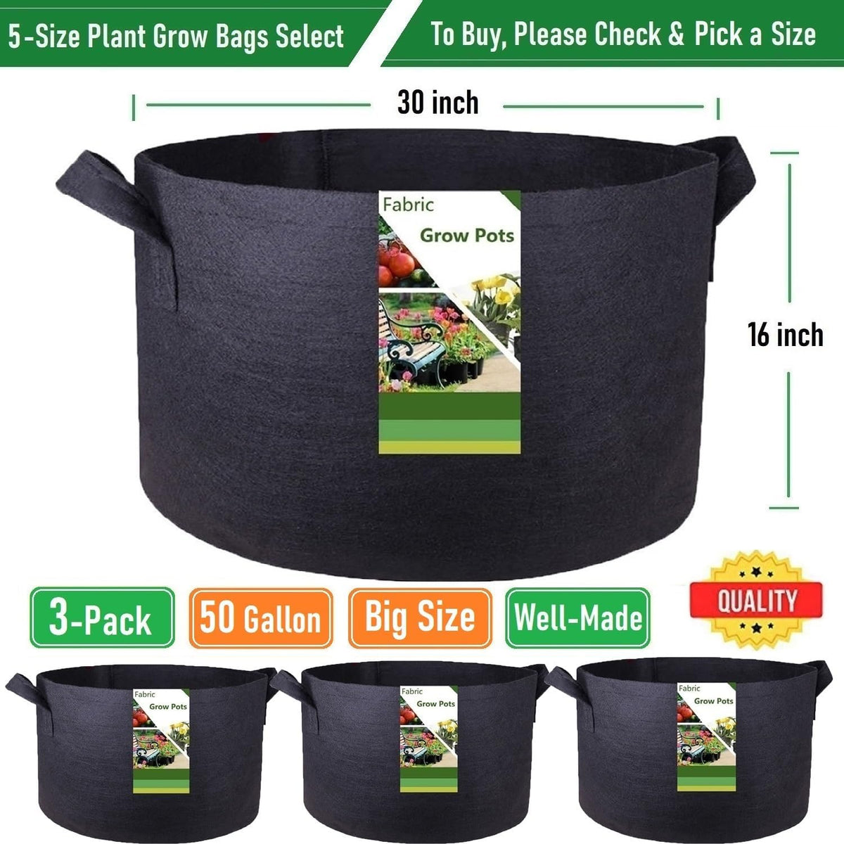 3-Pack 50 Gallon Thickened Plant Grow Bags Large (30x16 in) Heavy Duty Garden Bag Fabric Plant Pots