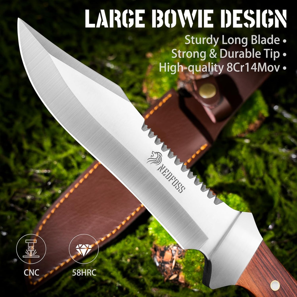 NedFoss 13" Survival Knife with Sheath, 7" Large Blade Camping Knives with Rosewood Handle, Full