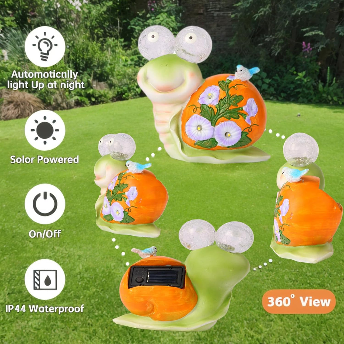 ASTRAEUS Solar Snail Statue Garden Light Figurine Outdoor Decor with 5 LED Lights Lawn Decor Statue
