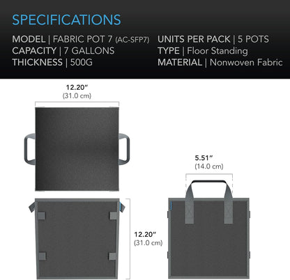 AC Infinity Square Heavy Duty Fabric Pots, 7 Gallon Aeration Reusable Grow Bags 5-Pack with 500G