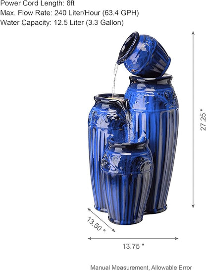 Glitzhome 27.25" H Outdoor Garden Water Fountain with LED Lights and Pump, 4 Tier Cobalt Blue