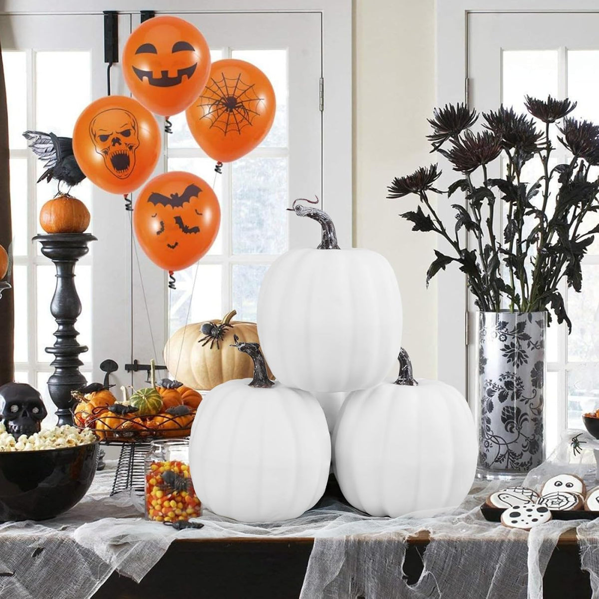 Artmag 6 Inch Large Artificial Pumpkins, 4PCS Big White Faux Foam Harvest Pumpkins for Fall Autumn