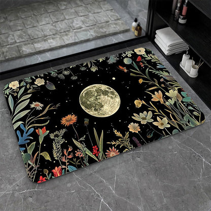 Bath Mat-Bathroom Rug，Moon Surrounded by Wildflowers-Absorbent Non Slip Quick Dry Stain Resistant