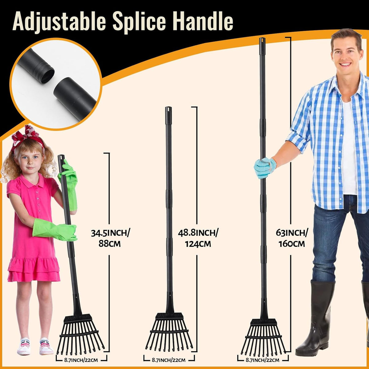 Small Garden Rake for Leaves,11 Tines Heavy Duty Metal Yard Hand Rake with 63in Adjustable