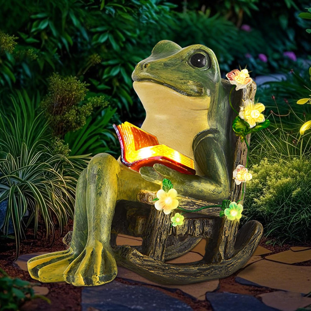 Solar Garden Miniature Frog Outdoor Statues Decor with Succulents Decorations and 7 LED Lights for