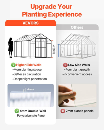 VEVOR Polycarbonate Greenhouse, 8 x 12 Ft, Outdoor Greenhouse with 2 Vent Windows, Pavilion Styled